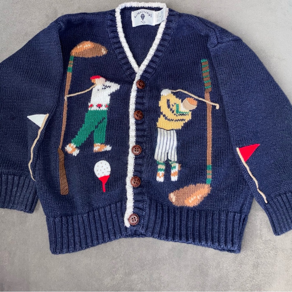 Vintage Kitestrings Kids' Navy Golf-Themed Cardigan Sweater